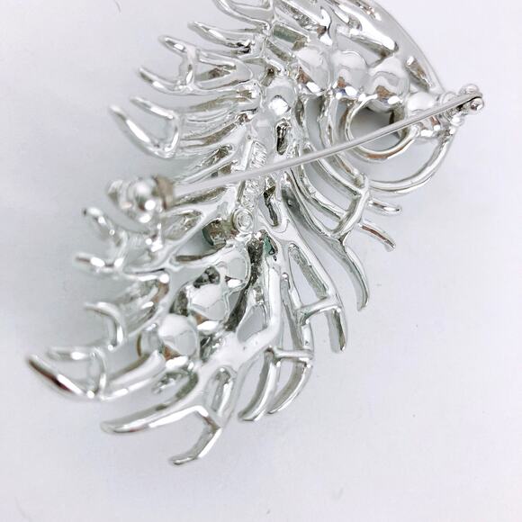 VTG Signed Sarah Coventry 60s Silver Tone Feather Brooch Green Faux Pearls - Picture 11 of 14